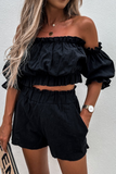 Casual Street Solid Patchwork Flounce Off the Shoulder Three Quarter Two Pieces