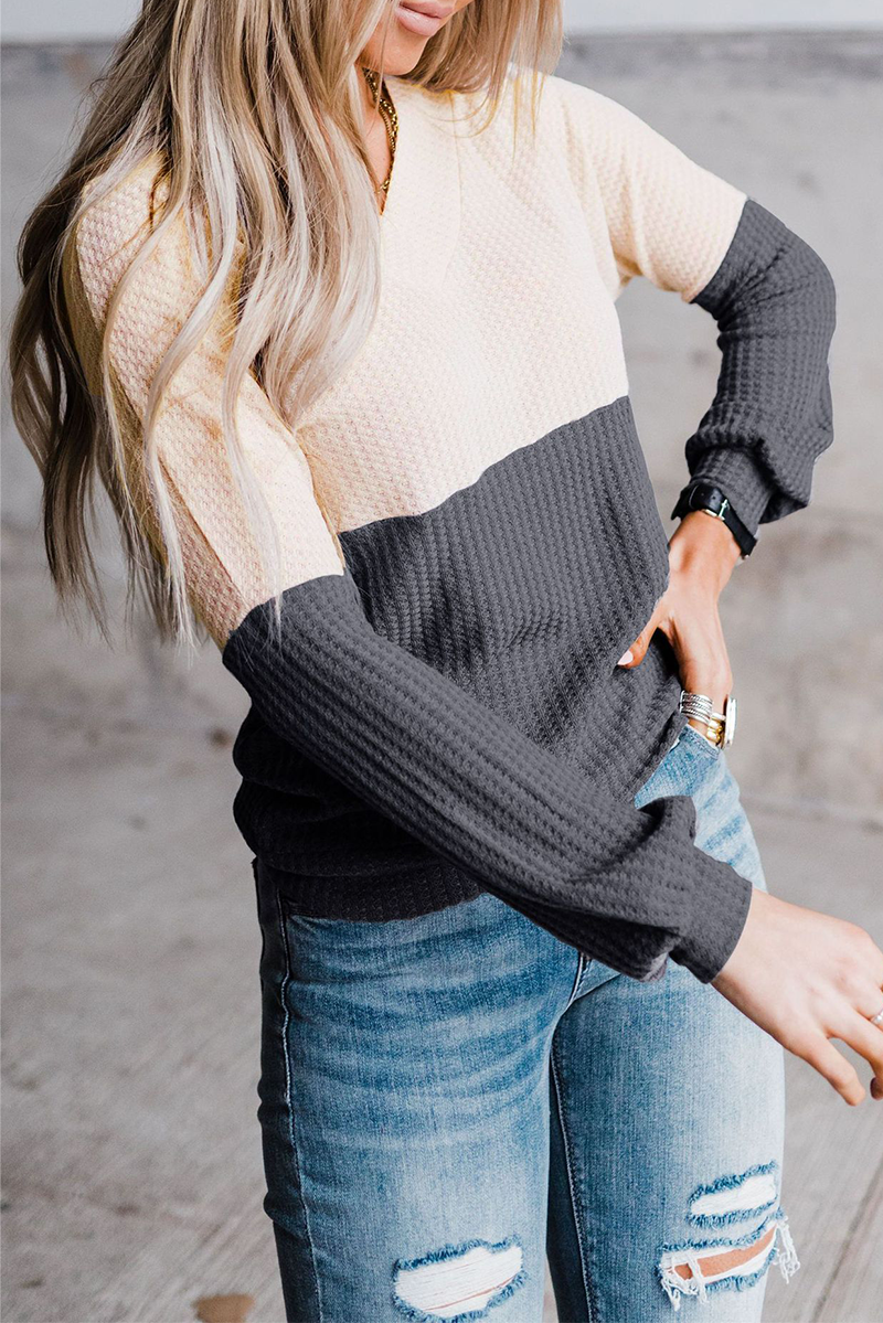 Casual Patchwork Contrast V Neck Tops