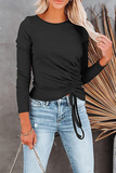 Casual Solid Draw String Frenulum O Neck Tops