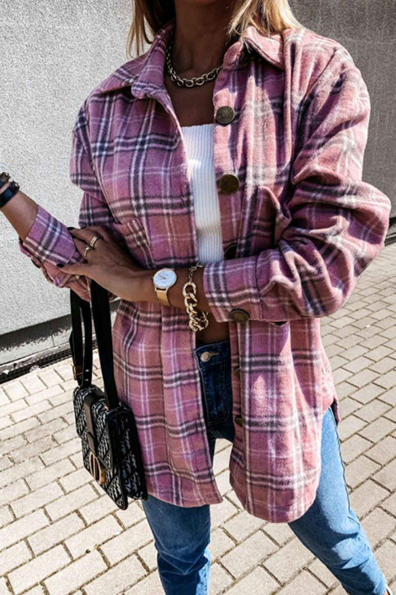 Casual Plaid Buckle Turndown Collar Tops(3 Colors)