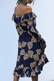 Elegantes vestidos com saia floral com babados e cintura fora dos ombros