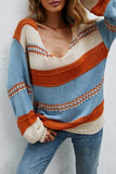 Casual Striped Contrast V Neck Tops Sweater