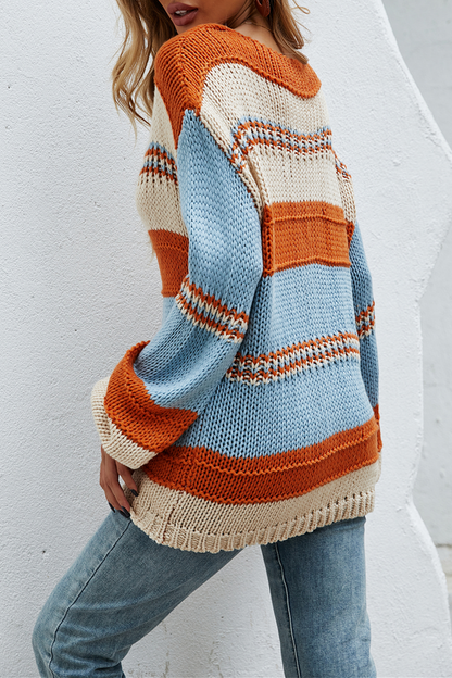 Casual Striped  Contrast V Neck Tops Sweater