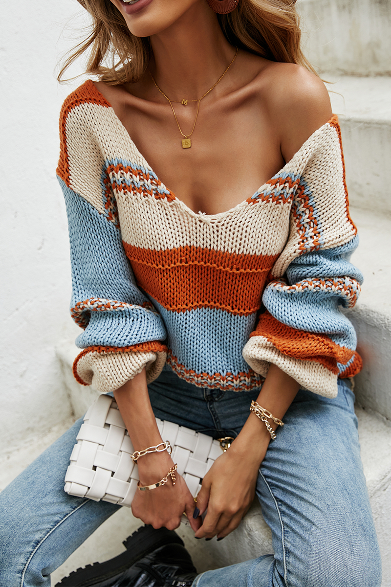 Casual Striped  Contrast V Neck Tops Sweater