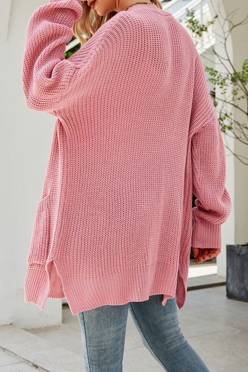 Casual Solid Pocket Buckle V Neck Tops Sweater