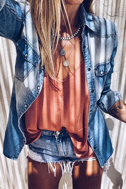 Casual Patchwork Pocket Buckle Turndown Collar Tops