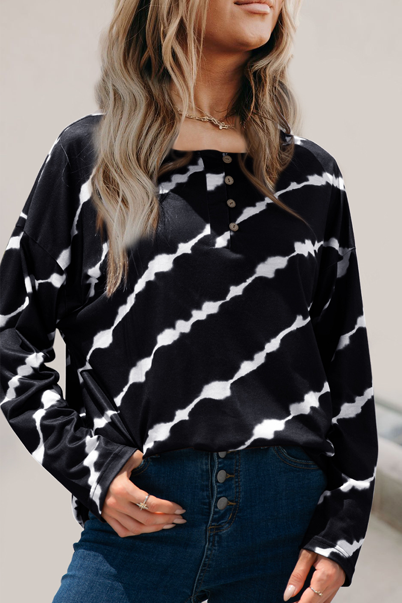 Casual Striped Buckle O Neck Tops