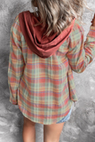 Street Plaid Frenulum Buckle Hooded Collar Blouses(4 Colors)