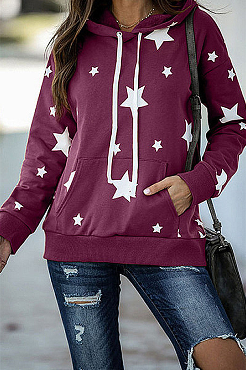 Casual Stars Draw String Pocket Hooded Collar Tops(3 Colors)