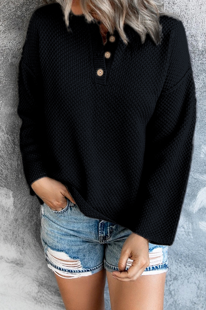 Casual Solid Buckle V Neck Tops Sweater