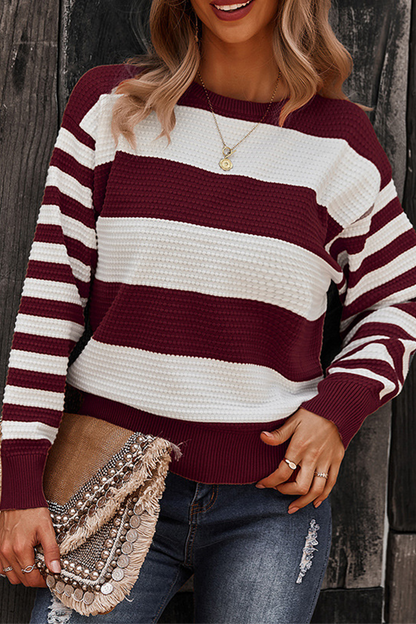 Casual Striped Contrast O Neck Sweaters(4 Colors)