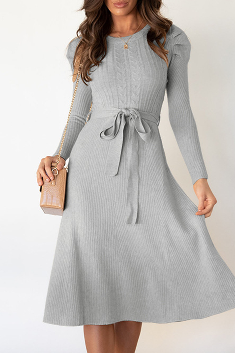 Elegant Solid With Belt O Neck Sweater Dresses(5 Colors)