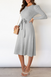 Elegant Solid With Belt O Neck Sweater Dresses(5 Colors)