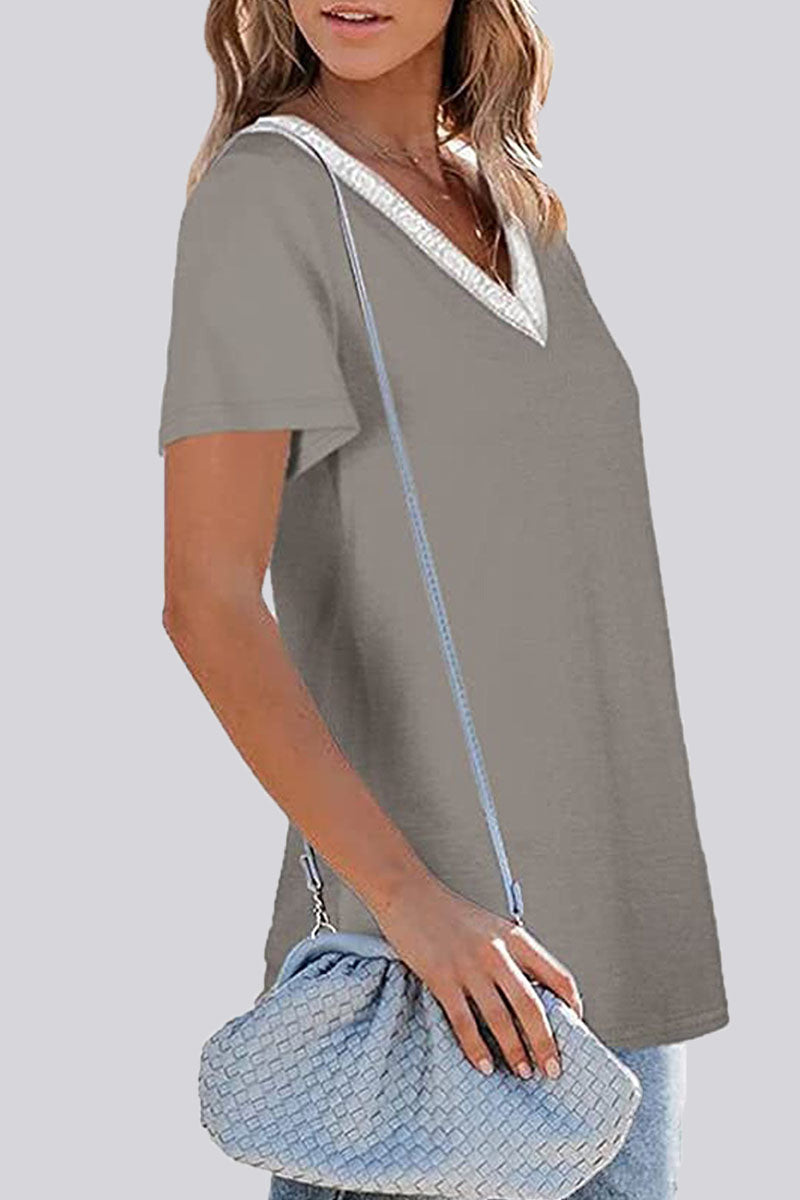 Fashion Casual Striped Patchwork V Neck T-Shirts