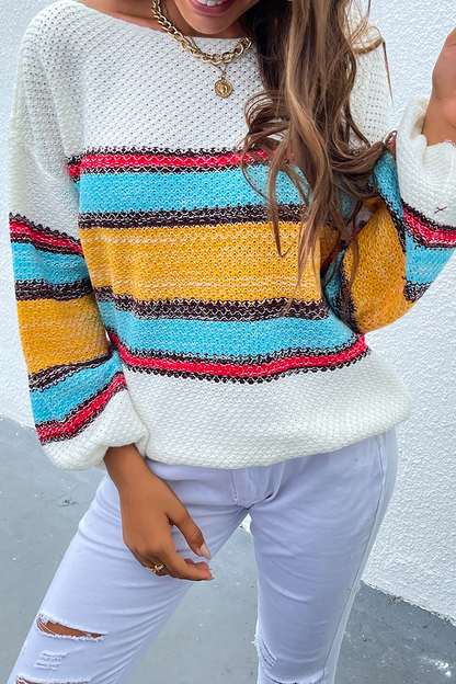 Casual Striped Patchwork Off the Shoulder Tops Sweater
