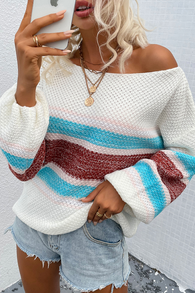 Casual Striped Patchwork Off the Shoulder Tops Sweater