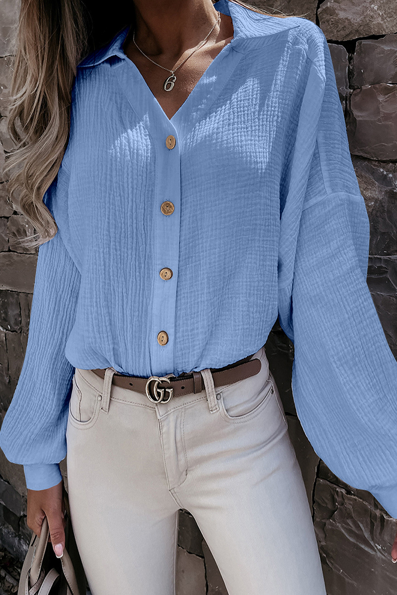 Casual Solid Buckle Turndown Collar Tops(7 Colors)