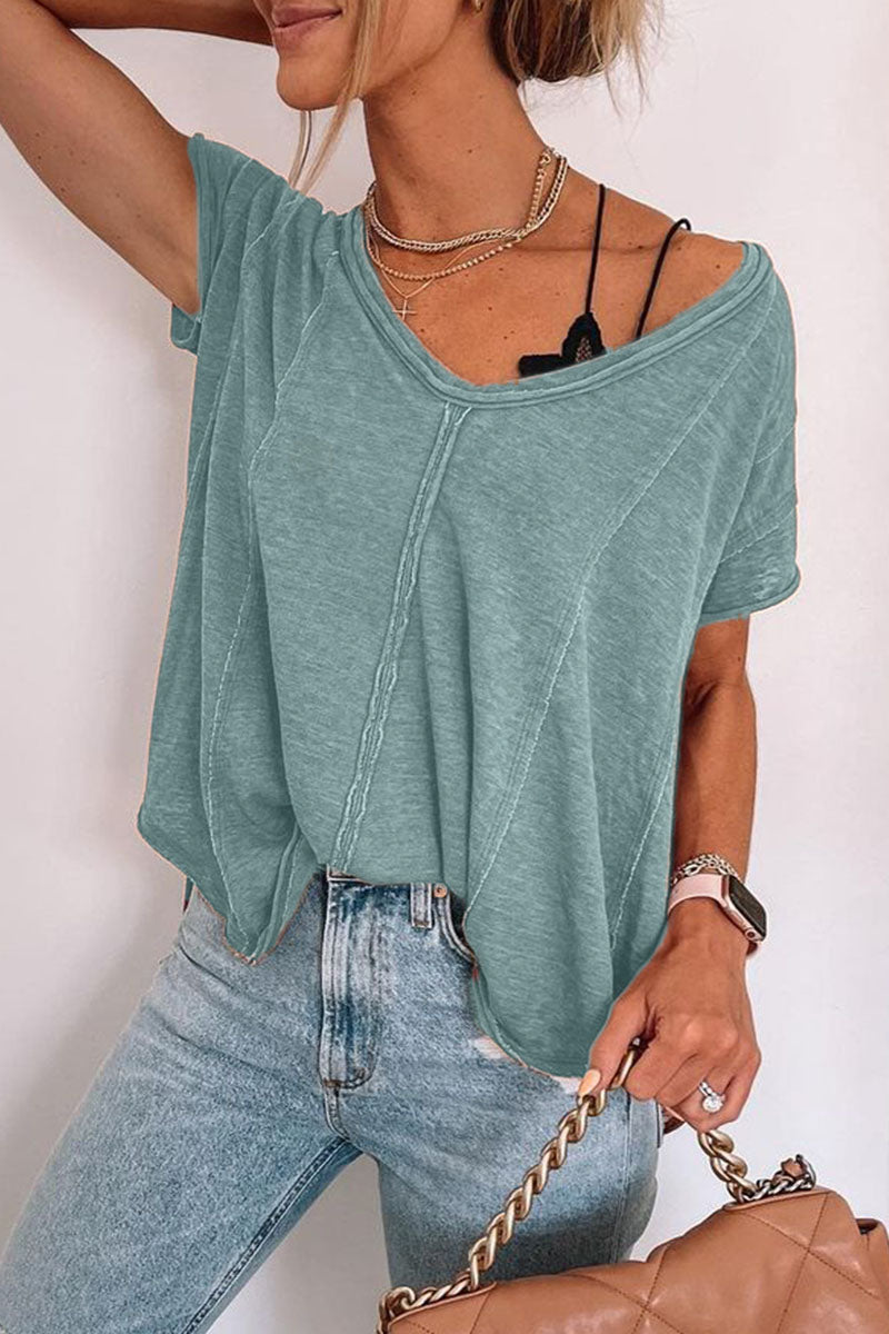 Casual Solid Split Joint V Neck T-Shirts(4 Colors)