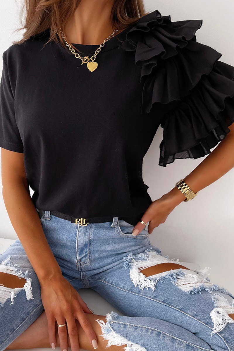 Casual Solid Patchwork Flounce O Neck T-Shirts(4 Colors)