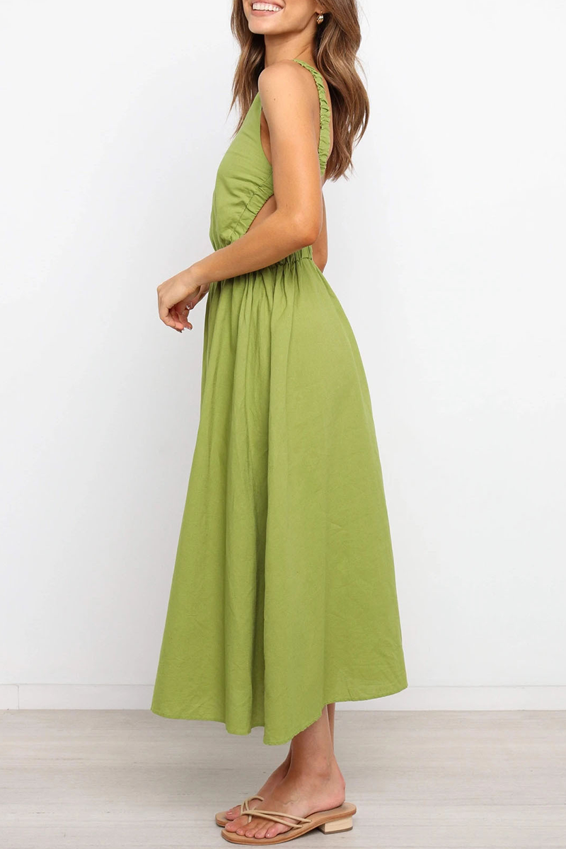Casual Solid Backless O Neck Waist Skirt Dresses(4 Colors)