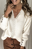 Casual Solid Lace Split Joint Buckle V Neck Tops(12 Colors)