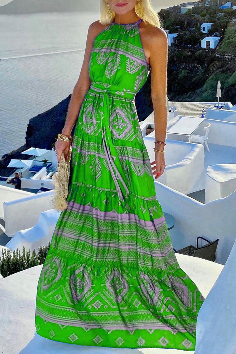 Elegant Vacation Print Split Joint Frenulum Halter Waist Skirt Dresses(3 colors)