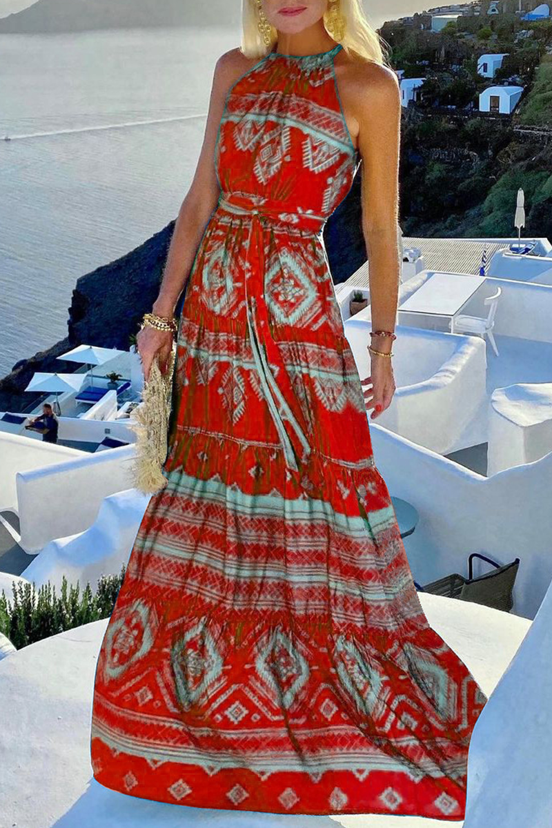 Elegant Vacation Print Split Joint Frenulum Halter Waist Skirt Dresses(3 colors)