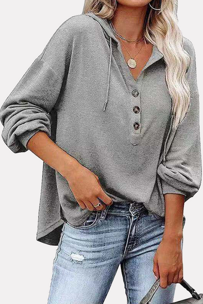 Casual Solid Draw String Buckle Hooded Collar Tops