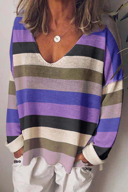 Casual Striped Patchwork V Neck Tops