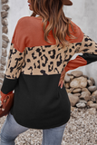 Tops casuais de leopardo patchwork contraste com decote em O