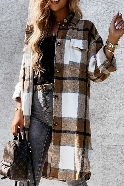 Casual Plaid Patchwork Buckle Turndown Collar Outerwear(3 Colors)