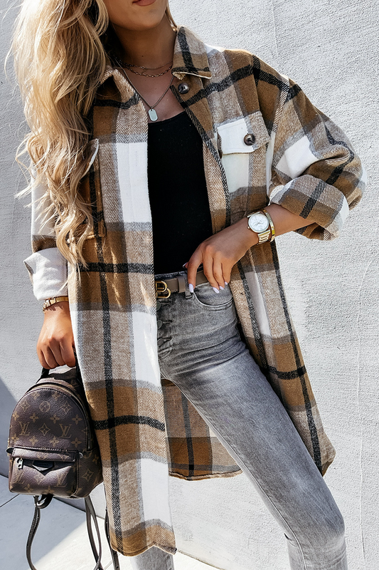 Casual Plaid Patchwork Buckle Turndown Collar Outerwear(3 Colors)