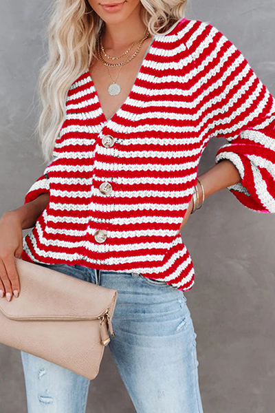 Casual Striped Split Joint Buckle V Neck Tops