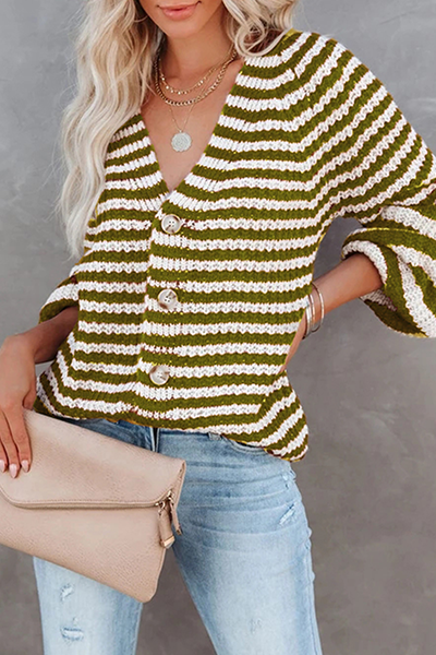 Casual Striped Split Joint Buckle V Neck Tops