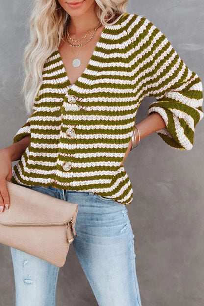 Fashion Casual Striped Split Joint V Neck Tops