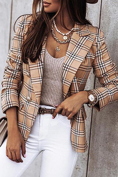 Elegant Plaid Striped Patchwork Buttons Turn-back Collar Outerwear