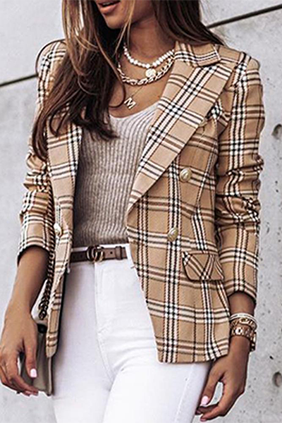 Elegant Plaid Striped Patchwork Buttons Turn-back Collar Outerwear