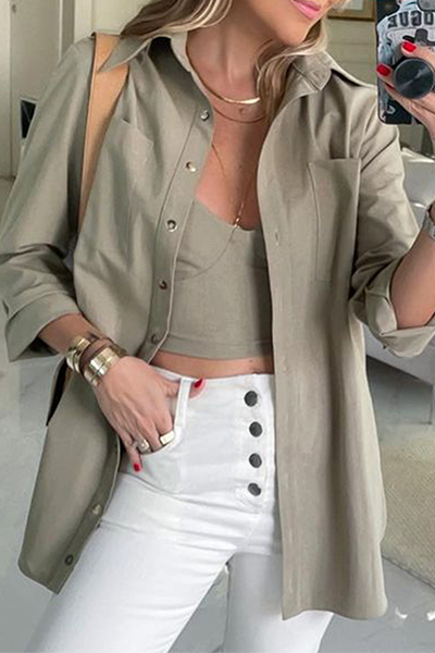 Casual Solid Split Joint Buckle Turndown Collar Tops