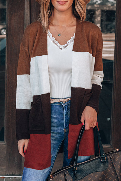 Casual Patchwork Pocket  Contrast Tops Sweater