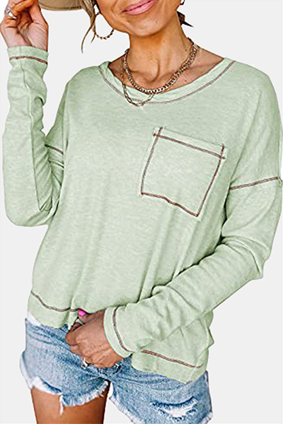 Casual Patchwork Pocket O Neck Tops(7 colors)