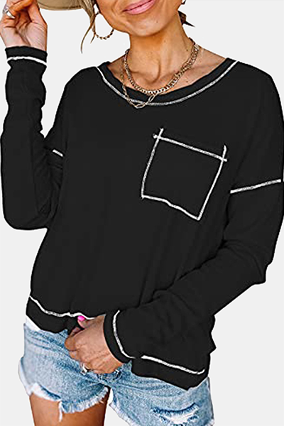 Casual Patchwork Pocket O Neck Tops(7 colors)
