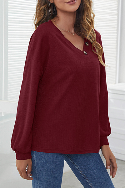 Casual Solid Patchwork Buttons V Neck Tops(4 colors)