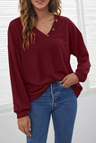 Casual Solid Patchwork Buttons V Neck Tops(4 colors)