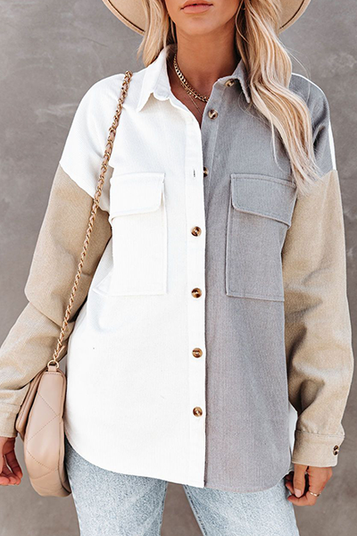 Casual Patchwork Pocket Buckle Contrast Turndown Collar Tops