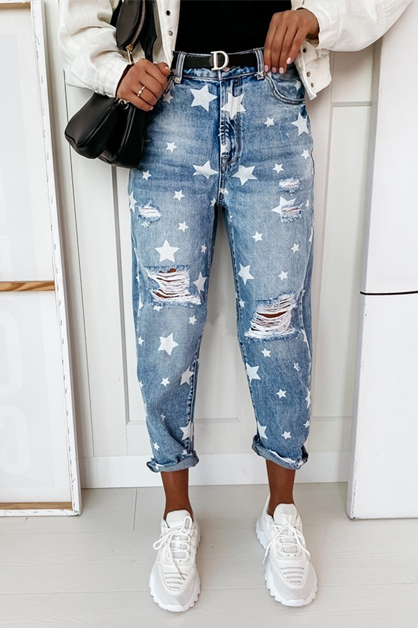 Casual The stars Tassel Ripped Make Old Full Print Bottoms