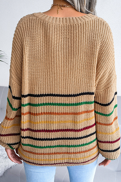Casual Striped Split Joint V Neck Tops Sweater