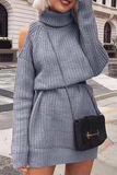 Casual Hollowed Out Patchwork Turtleneck Straight Dresses (Without Belt)