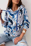 Casual Print Draw String Pocket Hooded Collar Tops