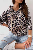 Casual Print Draw String Pocket Hooded Collar Tops
