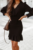 Casual Solid Flounce Fold V Neck One Step Skirt Dresses